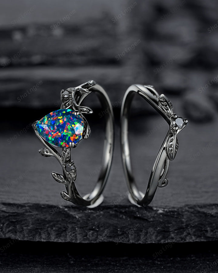 Black Gold Pear Shape Facet Black Opal Vine Engagement Ring, Rhodium Black Twig Branch Wedding Set, Witchy Leaf Bridal Set Promise Ring Gift - ShainJewelry
