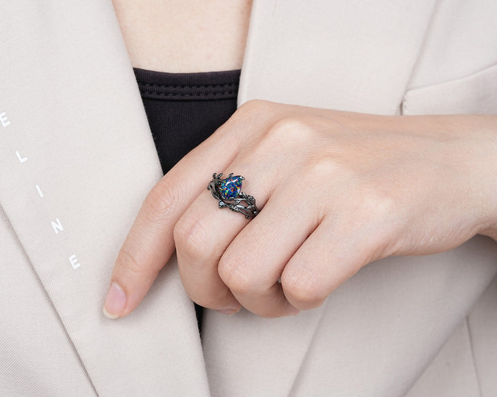 Black Gold Pear Shape Facet Black Opal Vine Engagement Ring, Rhodium Black Twig Branch Wedding Set, Witchy Leaf Bridal Set Promise Ring Gift - ShainJewelry