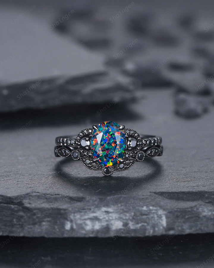 Oval Shape Facet Black Fire Opal Engagement Ring Set, Black Gold Multi Fire Opal Promise Ring, Unique Rhodium Black Witchy Ring Bridal Set - ShainJewelry