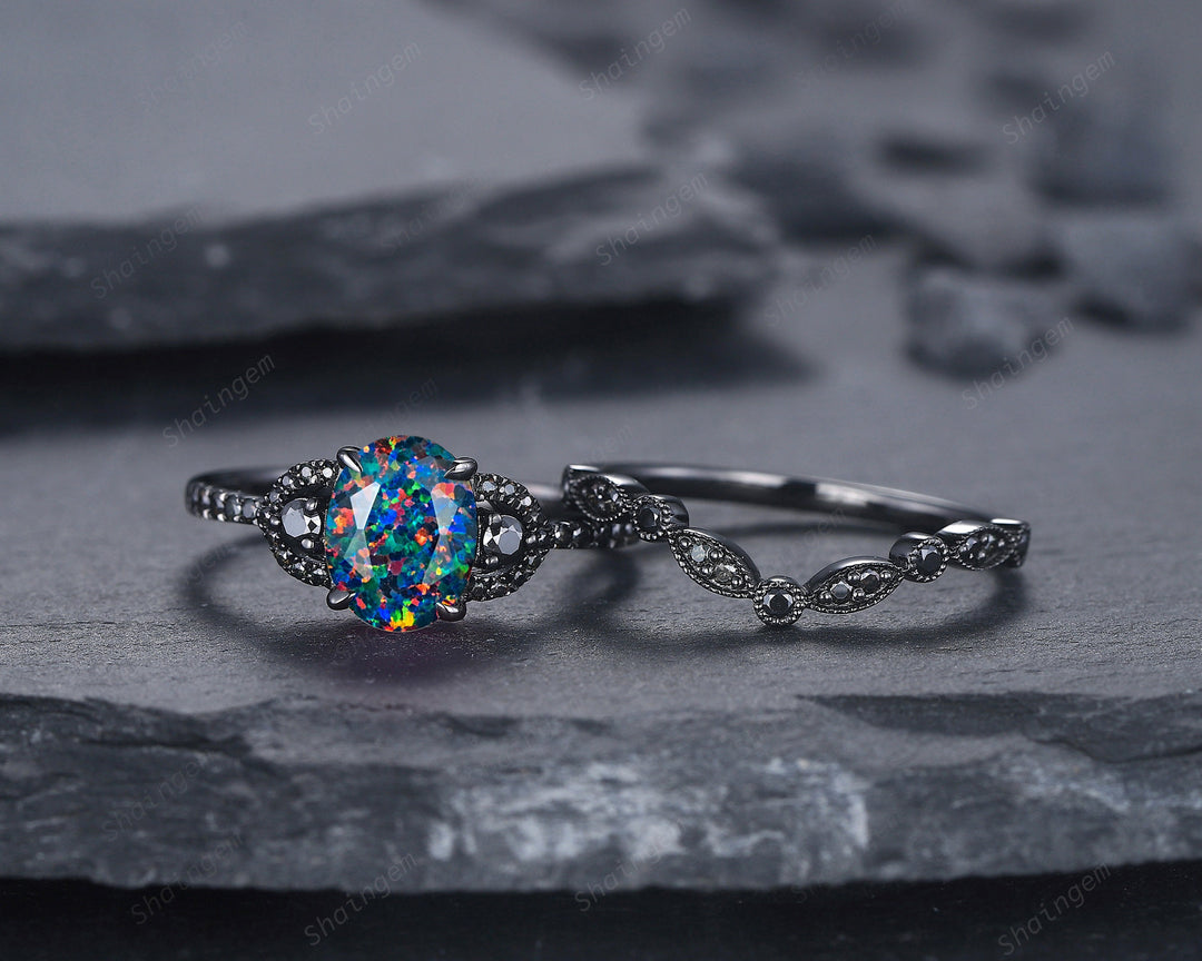 Oval Shape Facet Black Fire Opal Engagement Ring Set, Black Gold Multi Fire Opal Promise Ring, Unique Rhodium Black Witchy Ring Bridal Set - ShainJewelry
