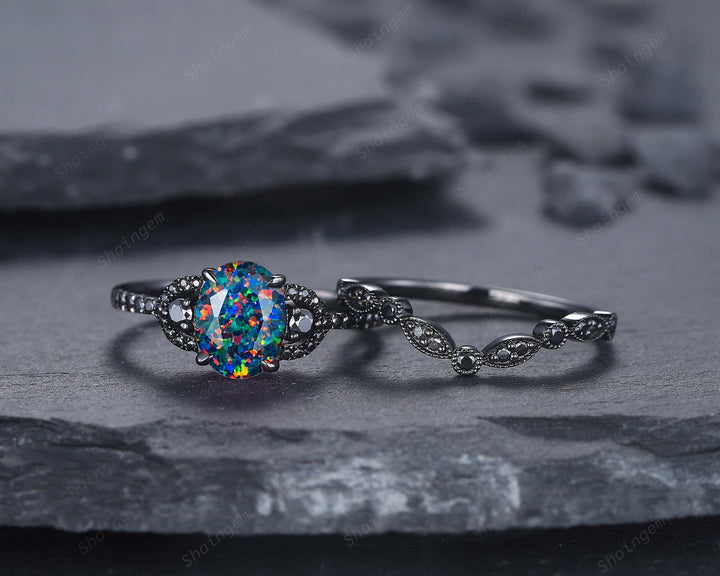 Oval Shape Facet Black Fire Opal Engagement Ring Set, Black Gold Multi Fire Opal Promise Ring, Unique Rhodium Black Witchy Ring Bridal Set - ShainJewelry