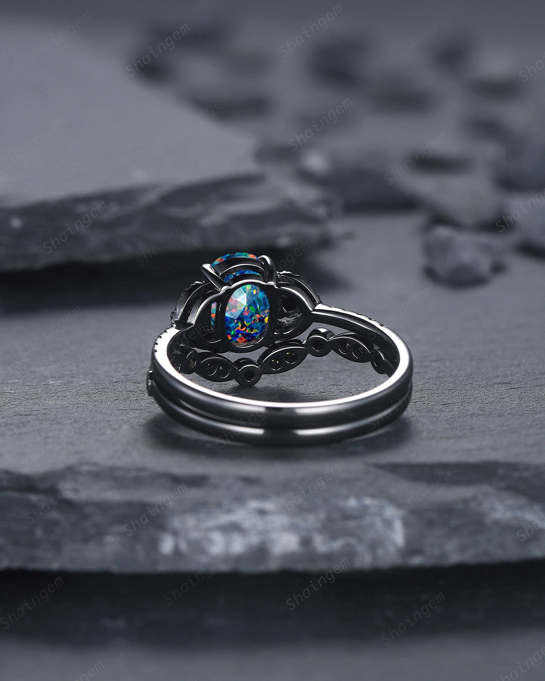 Oval Shape Facet Black Fire Opal Engagement Ring Set, Black Gold Multi Fire Opal Promise Ring, Unique Rhodium Black Witchy Ring Bridal Set - ShainJewelry