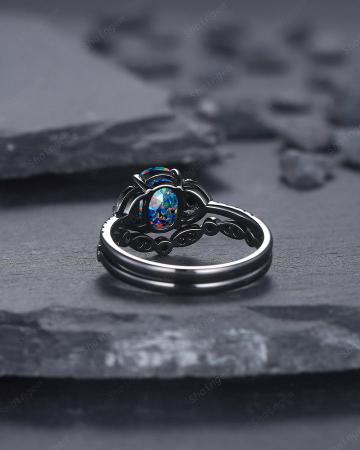 Oval Shape Facet Black Fire Opal Engagement Ring Set, Black Gold Multi Fire Opal Promise Ring, Unique Rhodium Black Witchy Ring Bridal Set - ShainJewelry