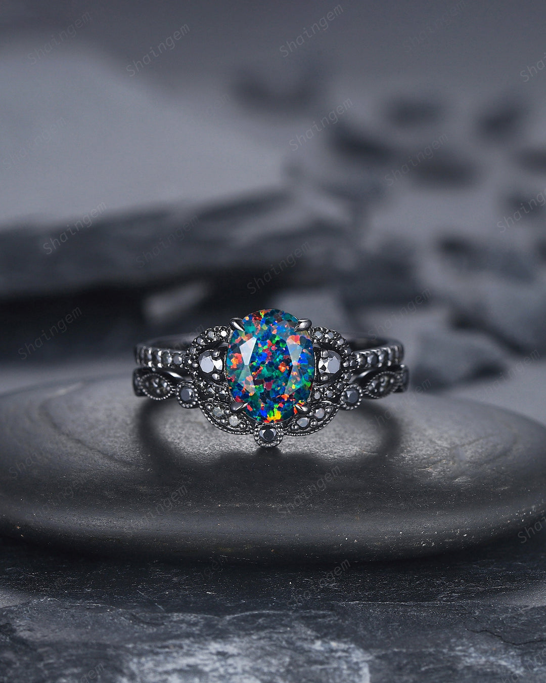 Oval Shape Facet Black Fire Opal Engagement Ring Set, Black Gold Multi Fire Opal Promise Ring, Unique Rhodium Black Witchy Ring Bridal Set - ShainJewelry