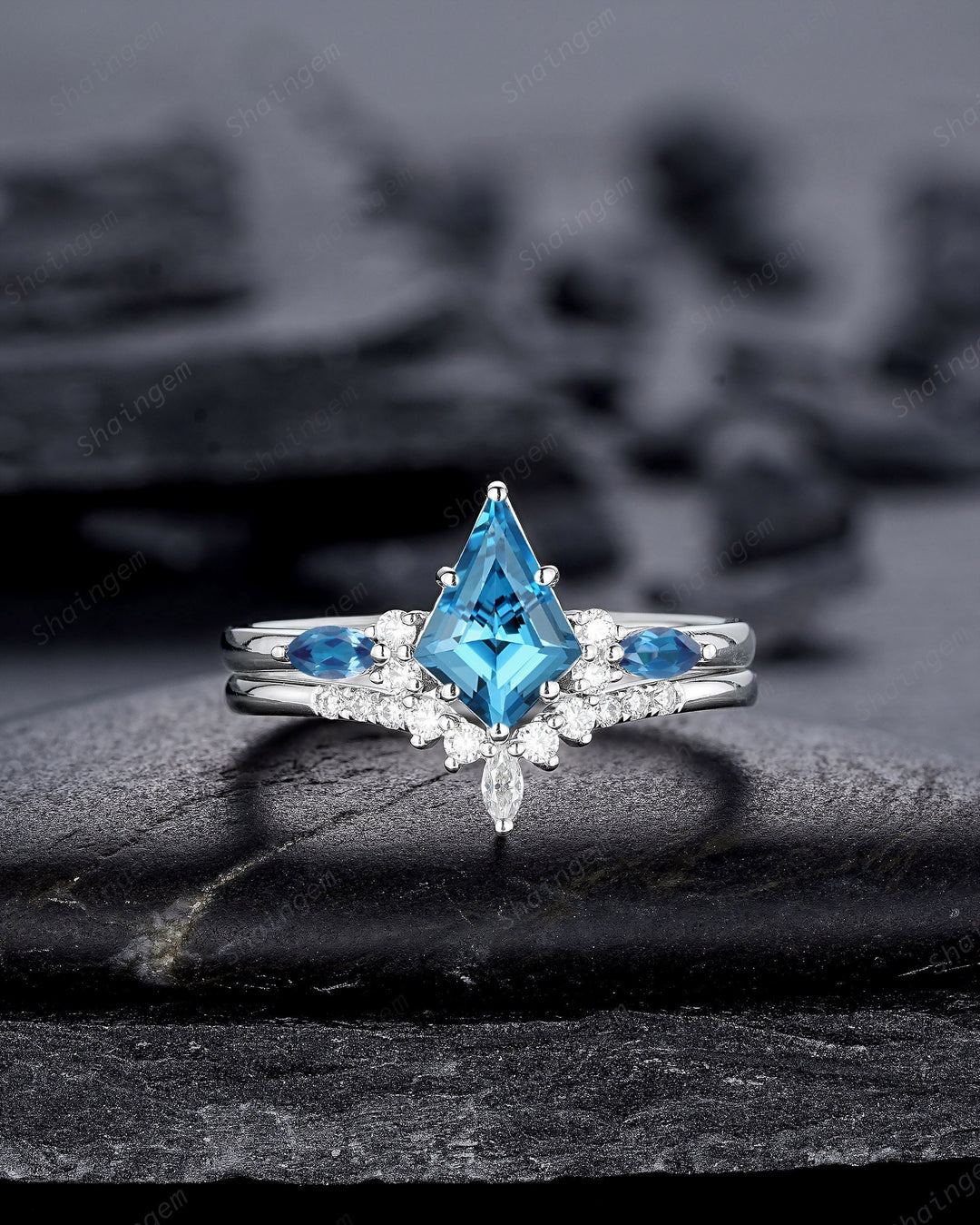 Platinum Kite Shape Natural London Blue Topaz Engagement Ring Set, Unique 14K White Gold Promise Ring, Silver Wedding Ring Set Bridal Set - ShainJewelry