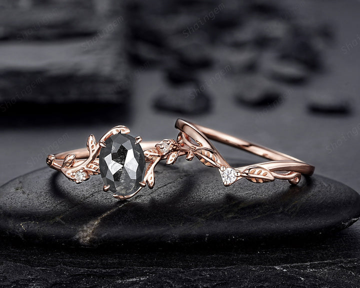 Nature Inspired Salt and Pepper Diamond Leaf Engagement Ring, Oval Shape Gray Diamond Twig Branch Promise Ring, Rose Gold Vine Wedding Ring - ShainJewelry