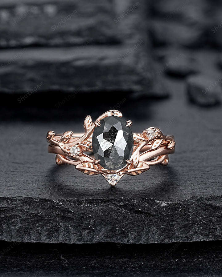 Nature Inspired Salt and Pepper Diamond Leaf Engagement Ring, Oval Shape Gray Diamond Twig Branch Promise Ring, Rose Gold Vine Wedding Ring - ShainJewelry