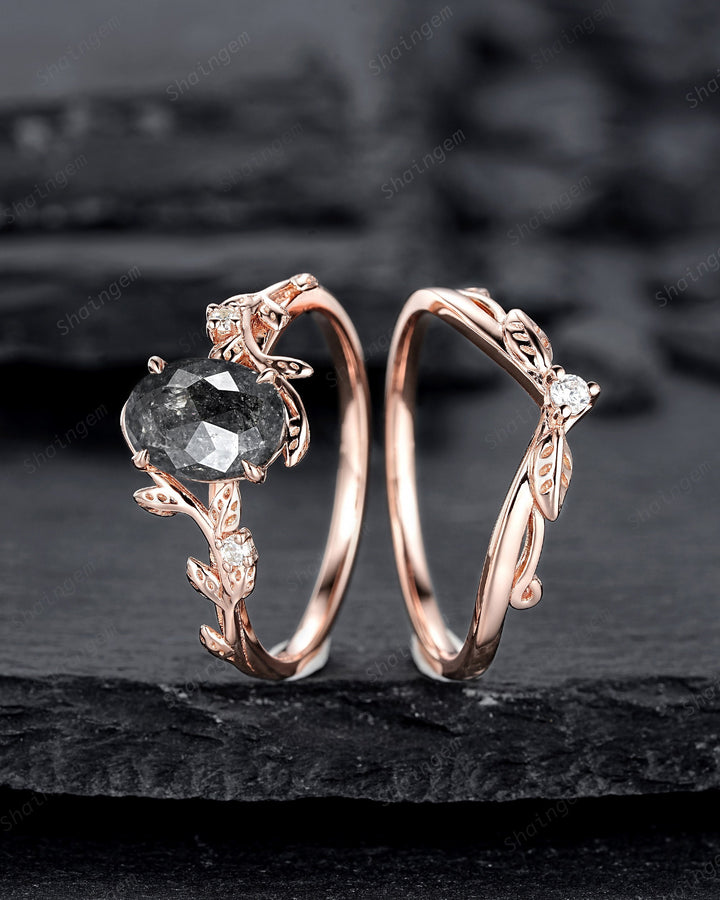 Nature Inspired Salt and Pepper Diamond Leaf Engagement Ring, Oval Shape Gray Diamond Twig Branch Promise Ring, Rose Gold Vine Wedding Ring - ShainJewelry