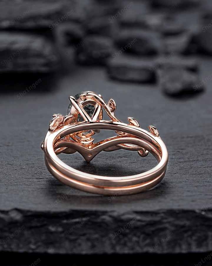 Nature Inspired Salt and Pepper Diamond Leaf Engagement Ring, Oval Shape Gray Diamond Twig Branch Promise Ring, Rose Gold Vine Wedding Ring - ShainJewelry