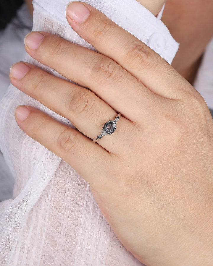 Platinum Round Cut Black Rutilated Quartz Engagement Ring, Infinity 14K White Gold Promise Ring, Silver Black Hair Wedding Anniversary Ring - ShainJewelry