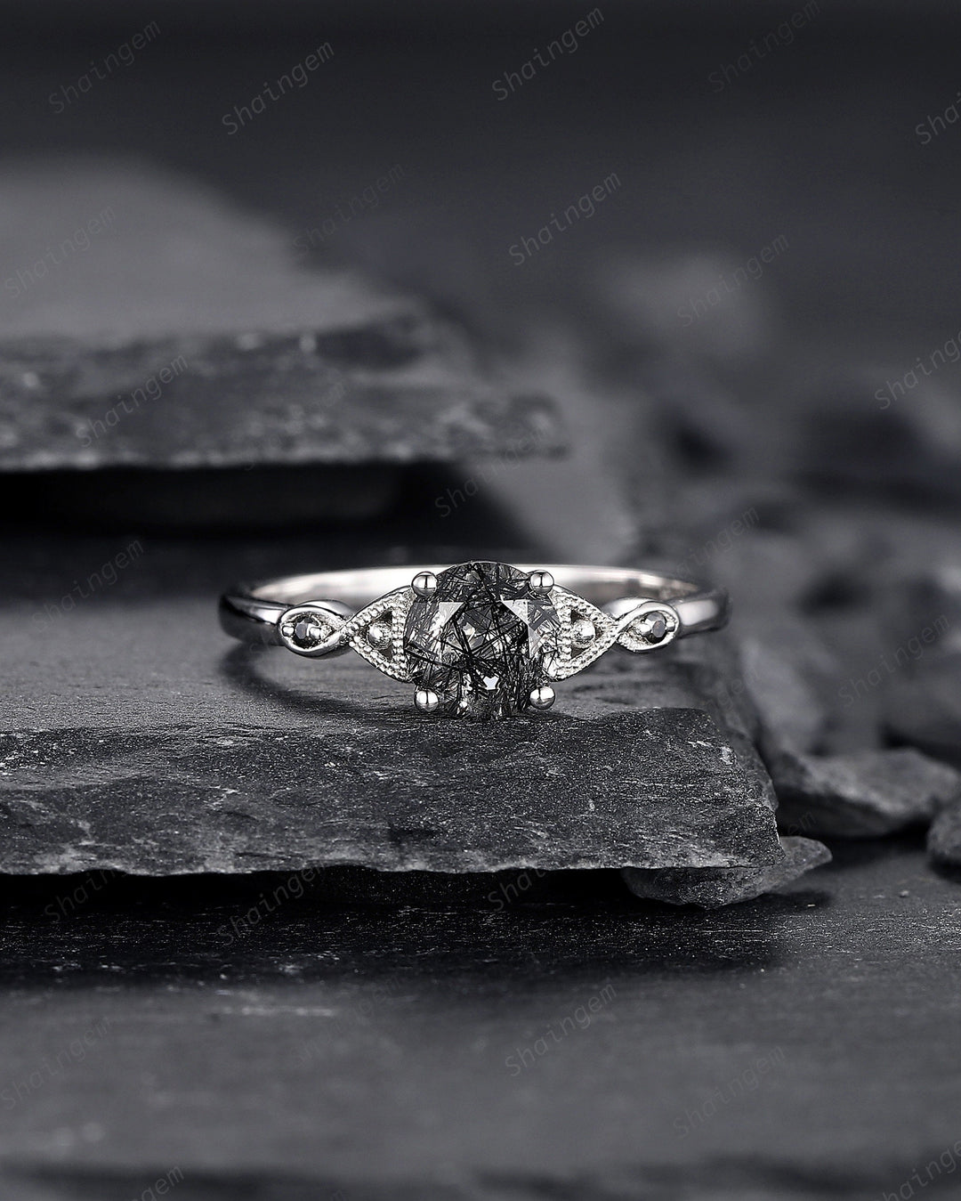 Platinum Round Cut Black Rutilated Quartz Engagement Ring, Infinity 14K White Gold Promise Ring, Silver Black Hair Wedding Anniversary Ring - ShainJewelry