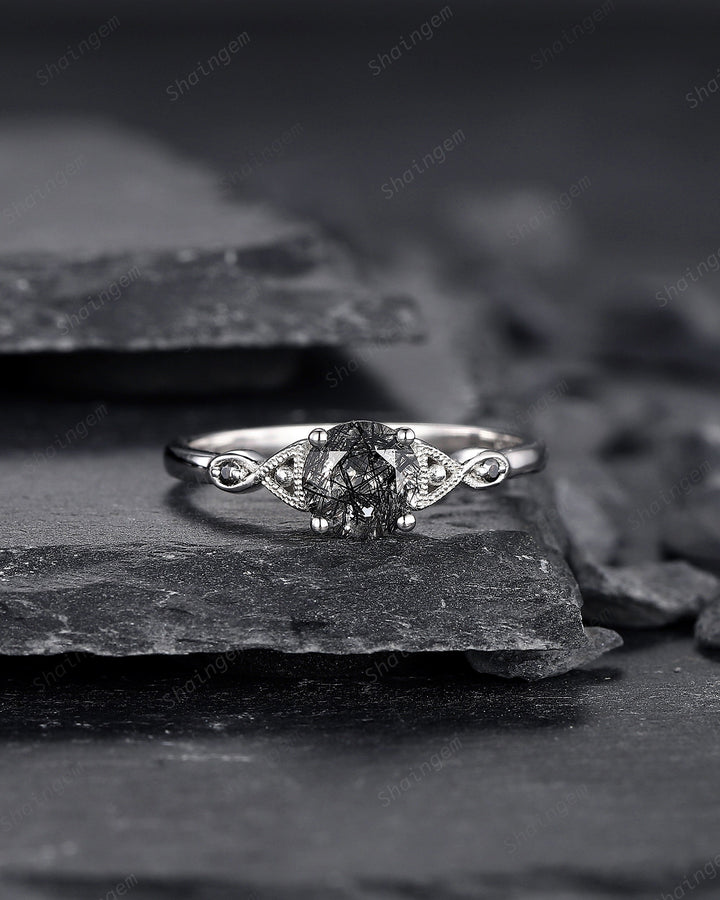 Platinum Round Cut Black Rutilated Quartz Engagement Ring, Infinity 14K White Gold Promise Ring, Silver Black Hair Wedding Anniversary Ring - ShainJewelry