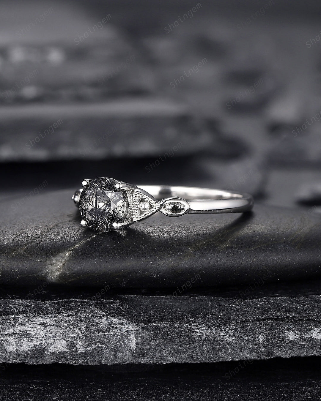 Platinum Round Cut Black Rutilated Quartz Engagement Ring, Infinity 14K White Gold Promise Ring, Silver Black Hair Wedding Anniversary Ring - ShainJewelry