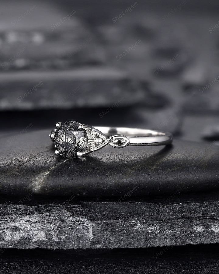 Platinum Round Cut Black Rutilated Quartz Engagement Ring, Infinity 14K White Gold Promise Ring, Silver Black Hair Wedding Anniversary Ring - ShainJewelry