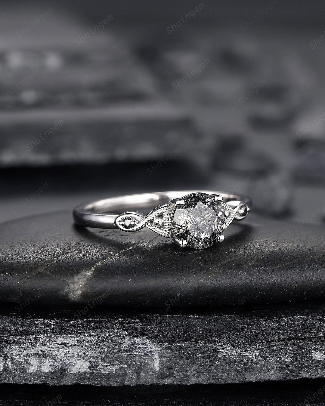 Platinum Round Cut Black Rutilated Quartz Engagement Ring, Infinity 14K White Gold Promise Ring, Silver Black Hair Wedding Anniversary Ring - ShainJewelry
