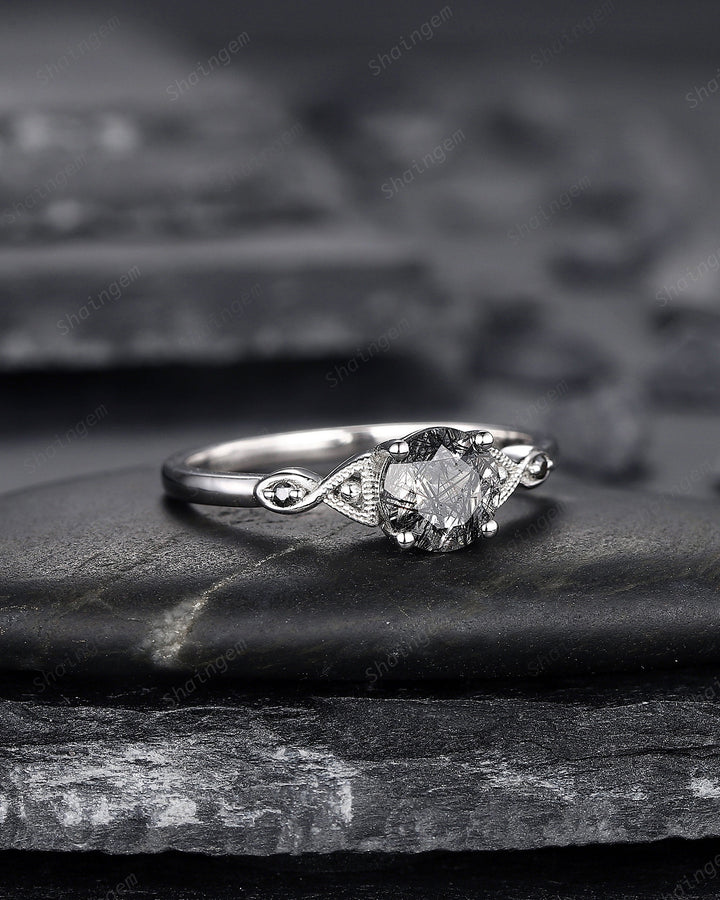 Platinum Round Cut Black Rutilated Quartz Engagement Ring, Infinity 14K White Gold Promise Ring, Silver Black Hair Wedding Anniversary Ring - ShainJewelry