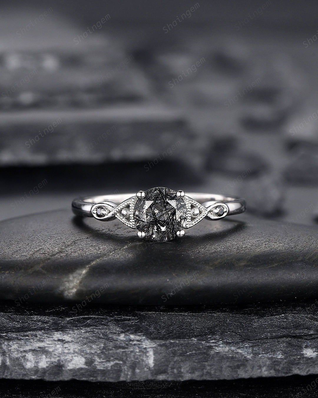 Platinum Round Cut Black Rutilated Quartz Engagement Ring, Infinity 14K White Gold Promise Ring, Silver Black Hair Wedding Anniversary Ring - ShainJewelry