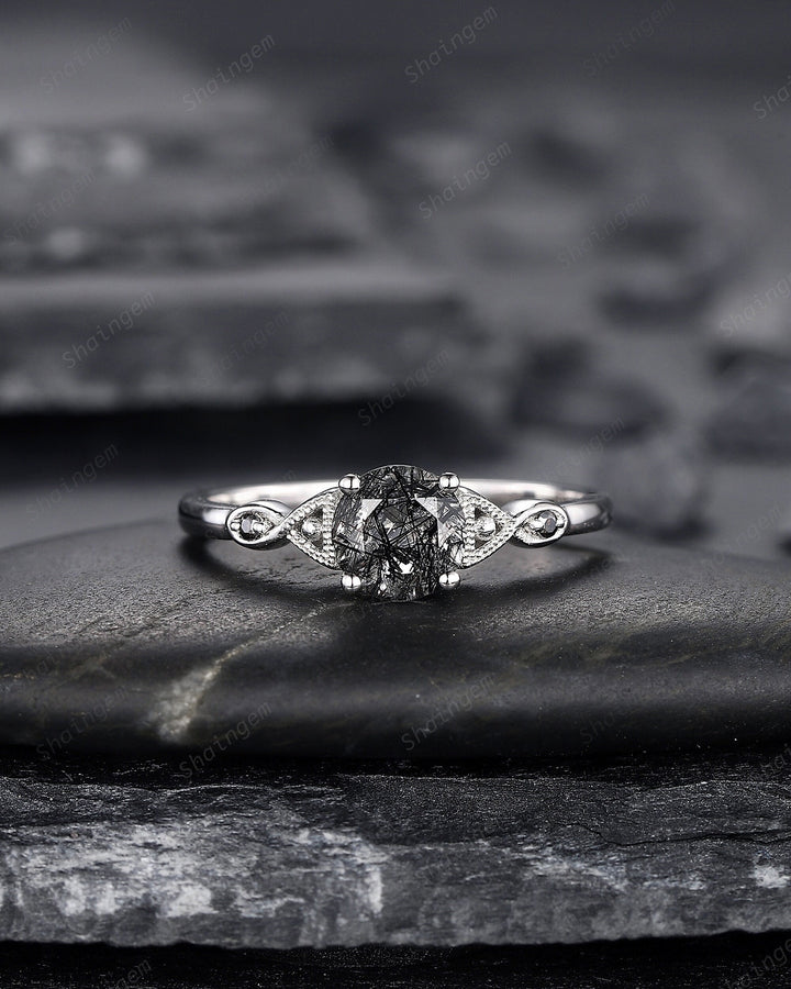 Platinum Round Cut Black Rutilated Quartz Engagement Ring, Infinity 14K White Gold Promise Ring, Silver Black Hair Wedding Anniversary Ring - ShainJewelry
