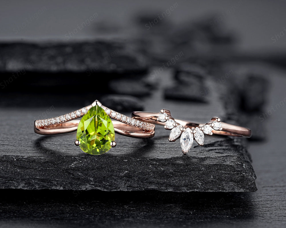 Split Shank Pear Shape Natural Peridot Engagement Ring Set, Green Perdiot Cluster Wedding Ring , 14K Rose Gold Half Eternity Promise Ring - ShainJewelry