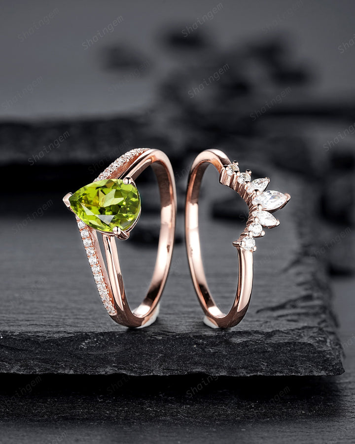 Split Shank Pear Shape Natural Peridot Engagement Ring Set, Green Perdiot Cluster Wedding Ring , 14K Rose Gold Half Eternity Promise Ring - ShainJewelry