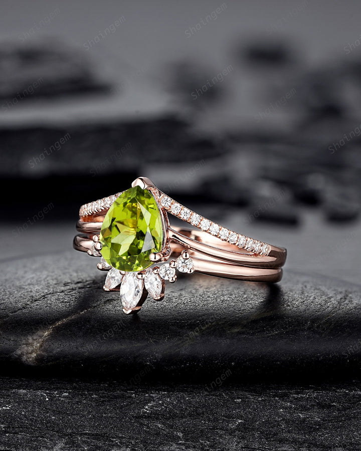 Split Shank Pear Shape Natural Peridot Engagement Ring Set, Green Perdiot Cluster Wedding Ring , 14K Rose Gold Half Eternity Promise Ring - ShainJewelry