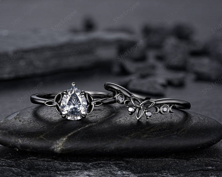 Vintage Pear Cut Gray Moissanite Black Engagement Ring Set, Gothic Black Rhodium Celtic Knot Wedding Set, Punk Black Promise Ring for Women - ShainJewelry
