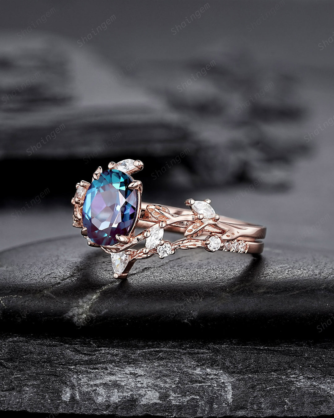 Nature Inspired Alexandrite Leaf Engagement Ring Set, Oval Cut June Birthstone Rose Gold Wedding Set Twig Branch Bridal Set Anniversary Ring - ShainJewelry