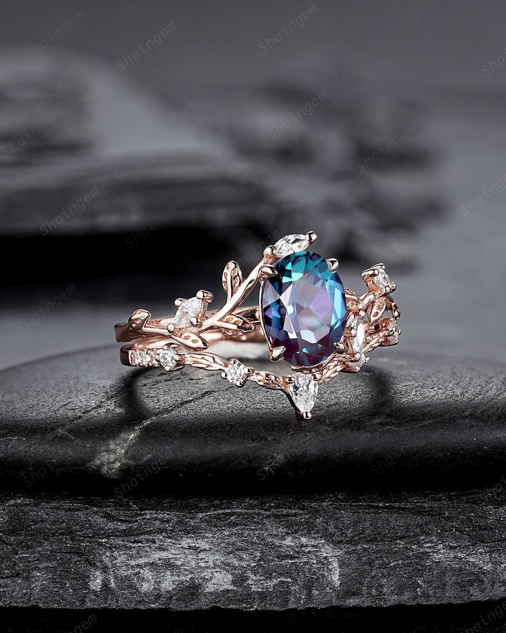 Nature Inspired Alexandrite Leaf Engagement Ring Set, Oval Cut June Birthstone Rose Gold Wedding Set Twig Branch Bridal Set Anniversary Ring - ShainJewelry