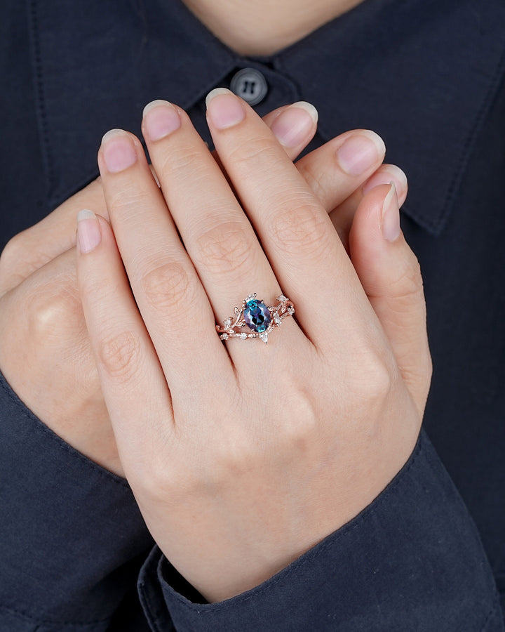 Nature Inspired Alexandrite Leaf Engagement Ring Set, Oval Cut June Birthstone Rose Gold Wedding Set Twig Branch Bridal Set Anniversary Ring - ShainJewelry