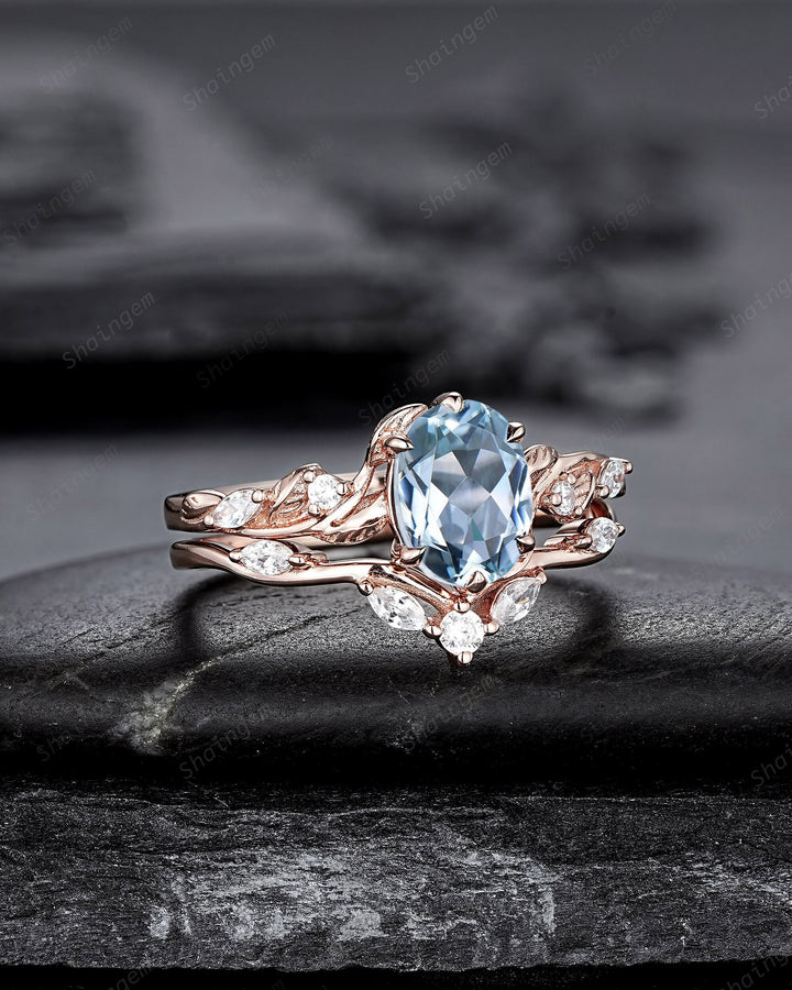 Nature Inspired Blue Aquamarine and Diamond Engagement Ring, Oval Shape Aquamarine Rose Gold Leaf Moissanite Promise Ring, Twig Branch Ring - ShainJewelry