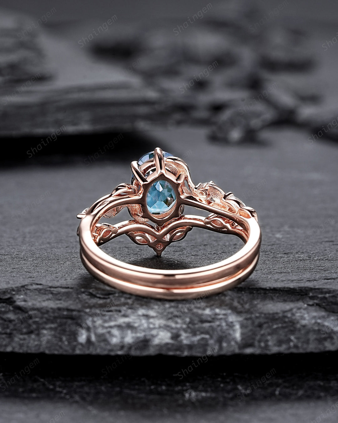 Nature Inspired Blue Aquamarine and Diamond Engagement Ring, Oval Shape Aquamarine Rose Gold Leaf Moissanite Promise Ring, Twig Branch Ring - ShainJewelry