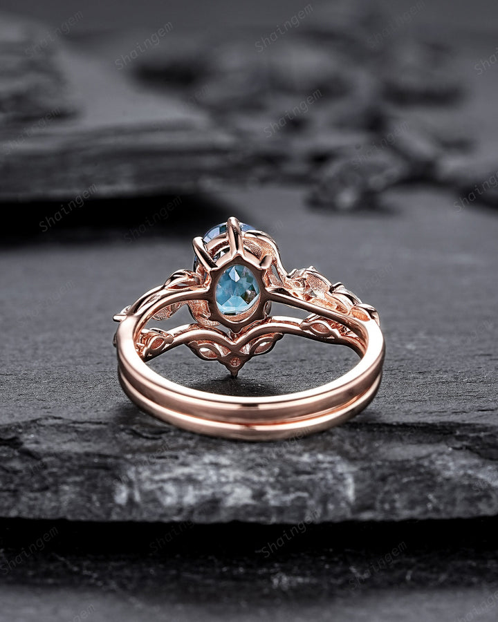 Nature Inspired Blue Aquamarine and Diamond Engagement Ring, Oval Shape Aquamarine Rose Gold Leaf Moissanite Promise Ring, Twig Branch Ring - ShainJewelry