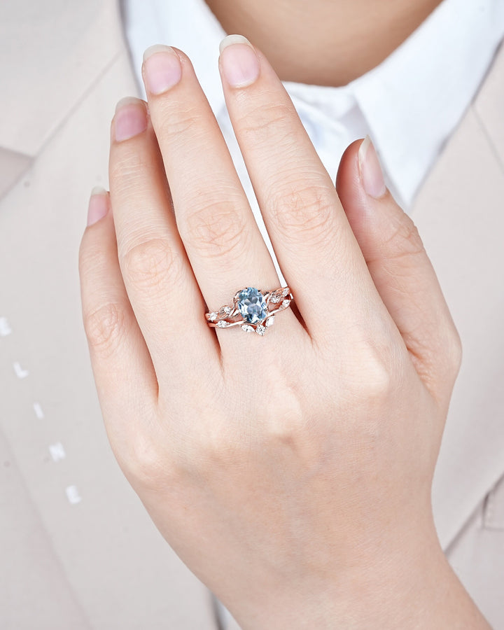 Nature Inspired Blue Aquamarine and Diamond Engagement Ring, Oval Shape Aquamarine Rose Gold Leaf Moissanite Promise Ring, Twig Branch Ring - ShainJewelry
