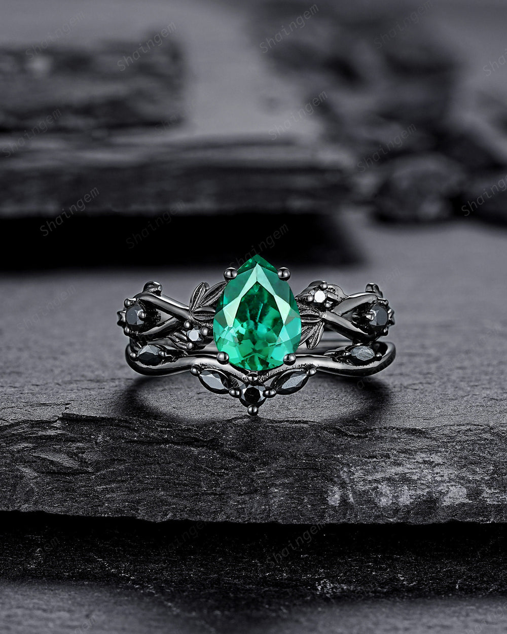 Punk Black Gold Pear Shape Emerald Engagement Ring, Rhodium Black Twig Branch Promise Ring, Gothic Bridal Set Wedding Ring Black Leaf Ring - ShainJewelry