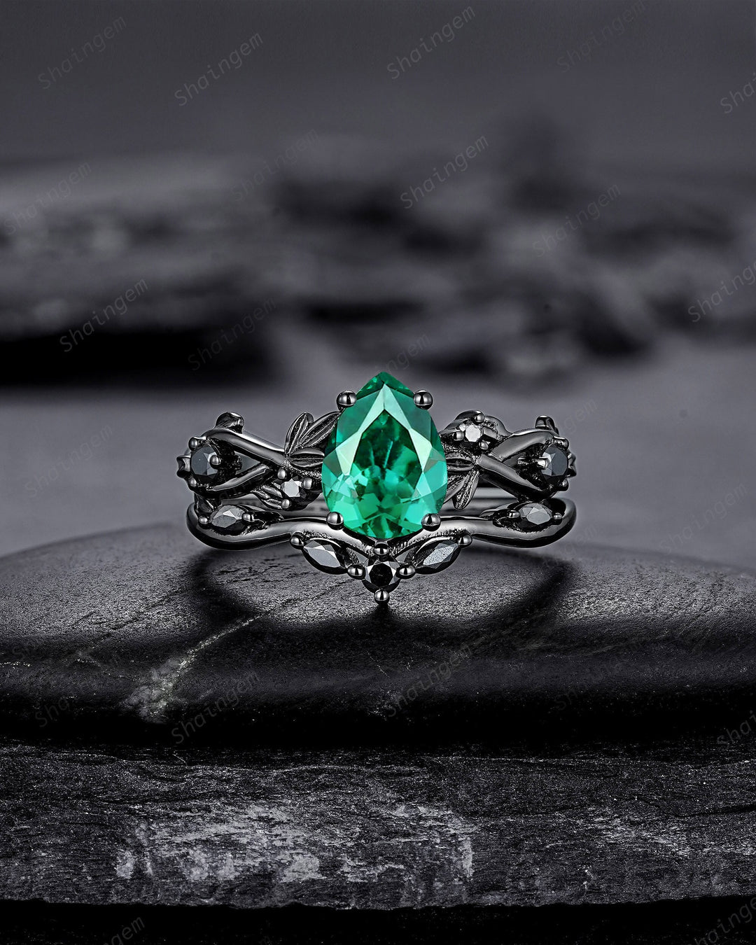 Punk Black Gold Pear Shape Emerald Engagement Ring, Rhodium Black Twig Branch Promise Ring, Gothic Bridal Set Wedding Ring Black Leaf Ring - ShainJewelry