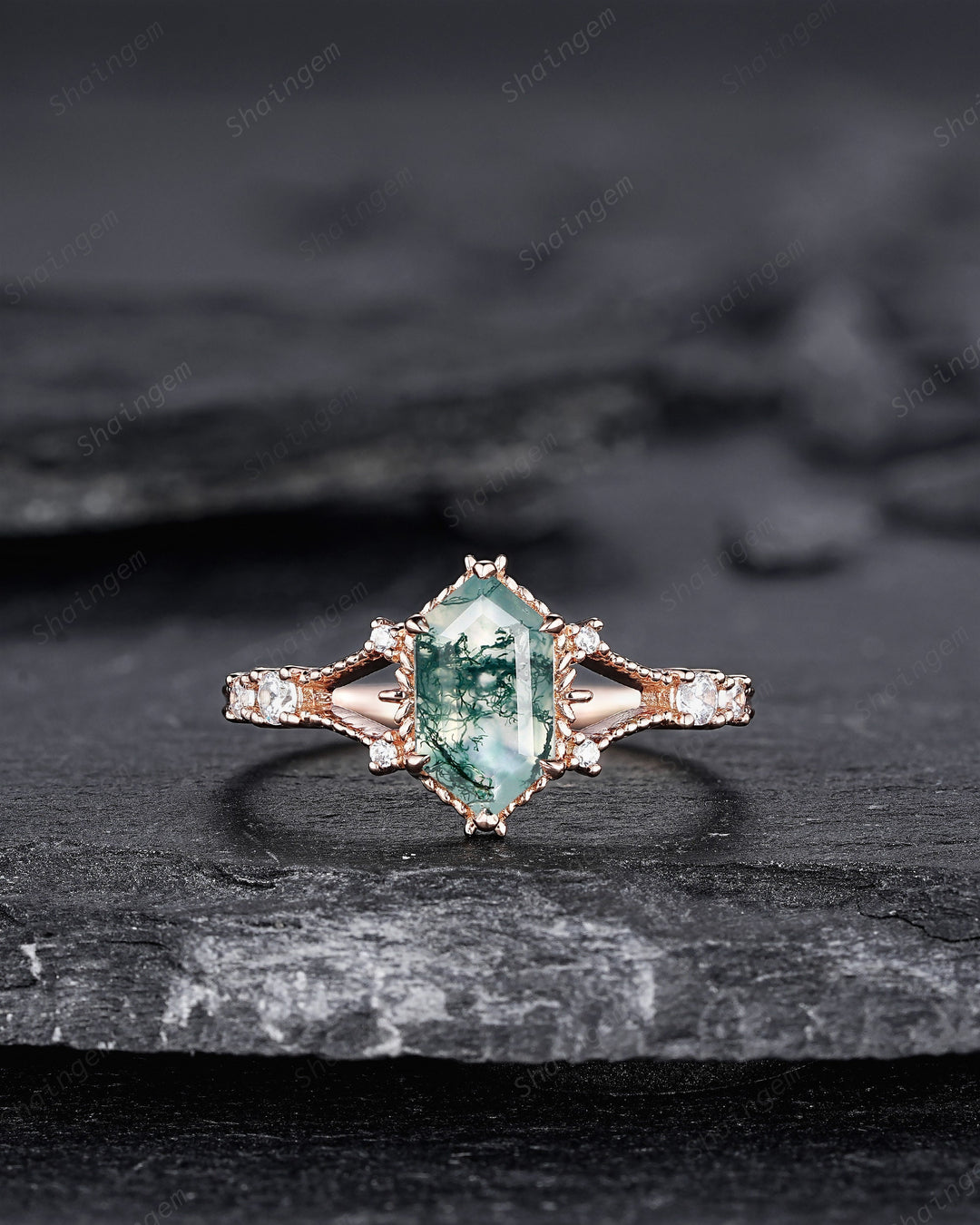 Hexagon Shape Moss Agate and Diamond Ring, Sterling Silver Elongated Moss Agate Engagement Ring, 14K Rose Gold Promise Anniversary Ring Gift - ShainJewelry