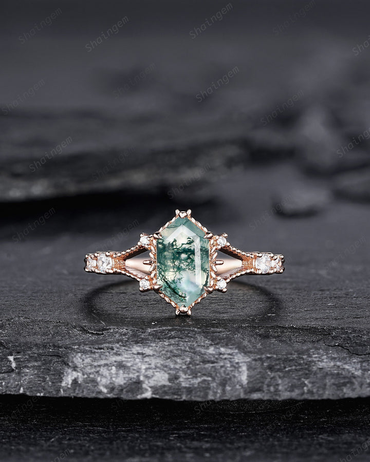 Hexagon Shape Moss Agate and Diamond Ring, Sterling Silver Elongated Moss Agate Engagement Ring, 14K Rose Gold Promise Anniversary Ring Gift - ShainJewelry