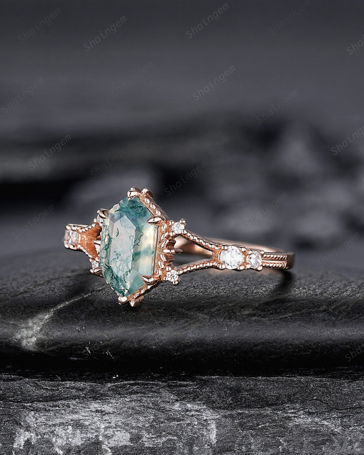 Hexagon Shape Moss Agate and Diamond Ring, Sterling Silver Elongated Moss Agate Engagement Ring, 14K Rose Gold Promise Anniversary Ring Gift - ShainJewelry