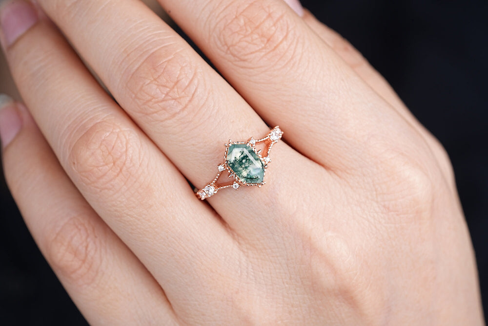 Hexagon Shape Moss Agate and Diamond Ring, Sterling Silver Elongated Moss Agate Engagement Ring, 14K Rose Gold Promise Anniversary Ring Gift - ShainJewelry