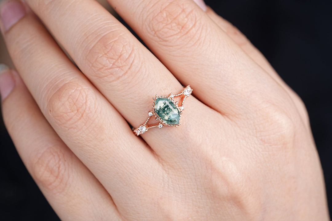 Hexagon Shape Moss Agate and Diamond Ring, Sterling Silver Elongated Moss Agate Engagement Ring, 14K Rose Gold Promise Anniversary Ring Gift - ShainJewelry