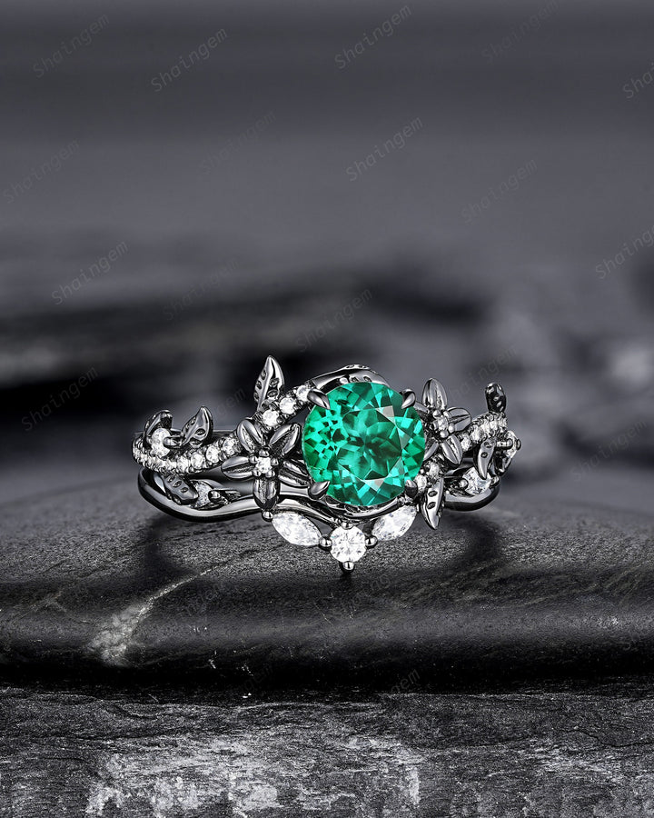 Nature Inspired Black Gold Round Shape Emerald Leaf Engagement Ring, Black Rhodium Emerald Vine Wedding Set Witchy Twig Branch Promise Ring - ShainJewelry