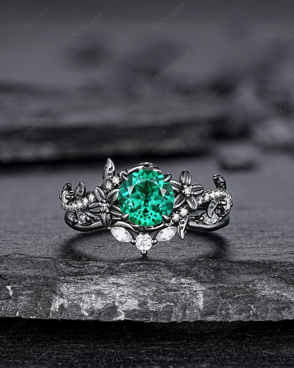 Nature Inspired Black Gold Round Shape Emerald Leaf Engagement Ring, Black Rhodium Emerald Vine Wedding Set Witchy Twig Branch Promise Ring - ShainJewelry