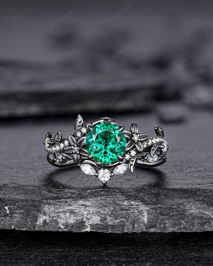Nature Inspired Black Gold Round Shape Emerald Leaf Engagement Ring, Black Rhodium Emerald Vine Wedding Set Witchy Twig Branch Promise Ring - ShainJewelry