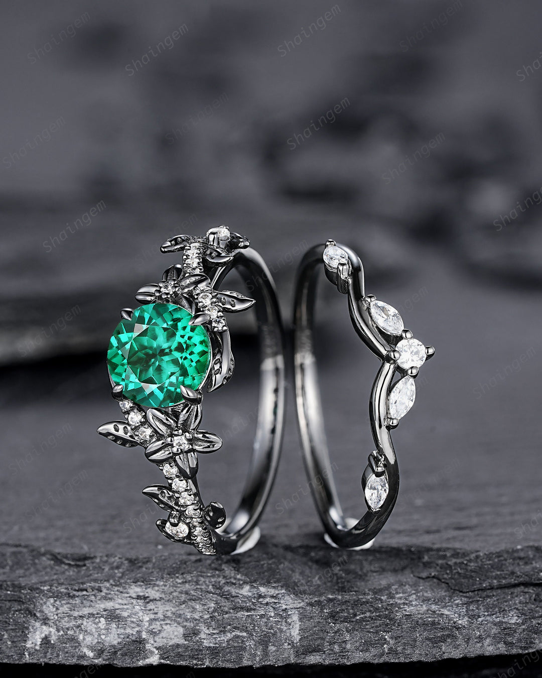Nature Inspired Black Gold Round Shape Emerald Leaf Engagement Ring, Black Rhodium Emerald Vine Wedding Set Witchy Twig Branch Promise Ring - ShainJewelry