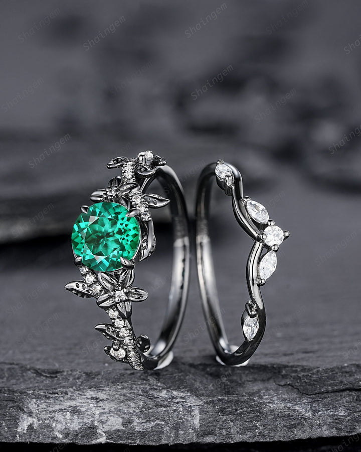 Nature Inspired Black Gold Round Shape Emerald Leaf Engagement Ring, Black Rhodium Emerald Vine Wedding Set Witchy Twig Branch Promise Ring - ShainJewelry