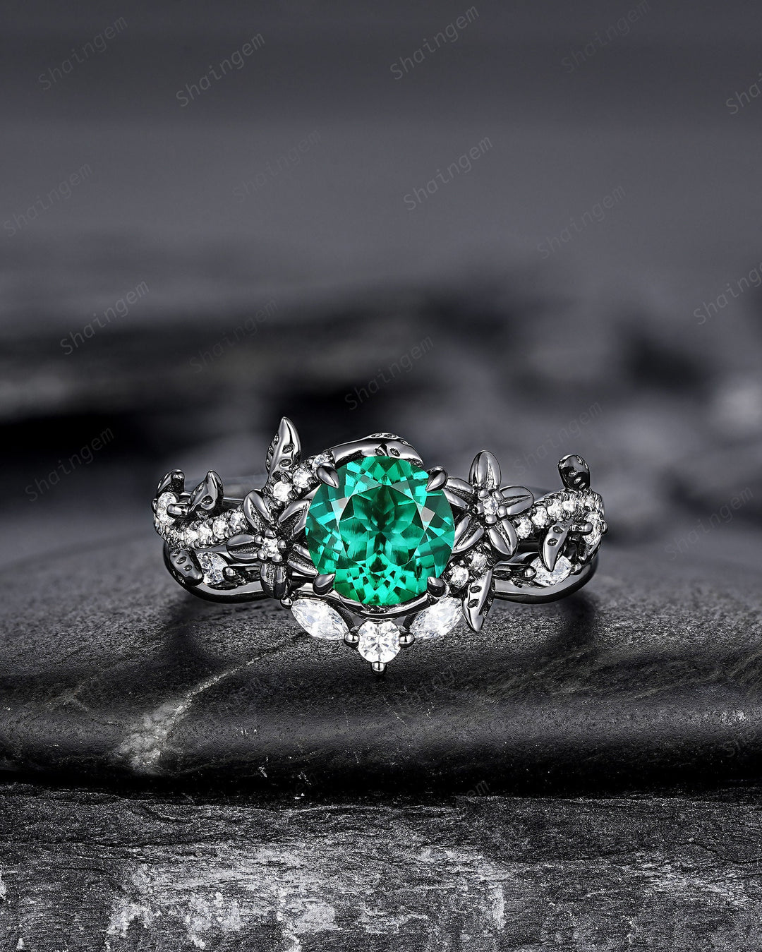 Nature Inspired Black Gold Round Shape Emerald Leaf Engagement Ring, Black Rhodium Emerald Vine Wedding Set Witchy Twig Branch Promise Ring - ShainJewelry
