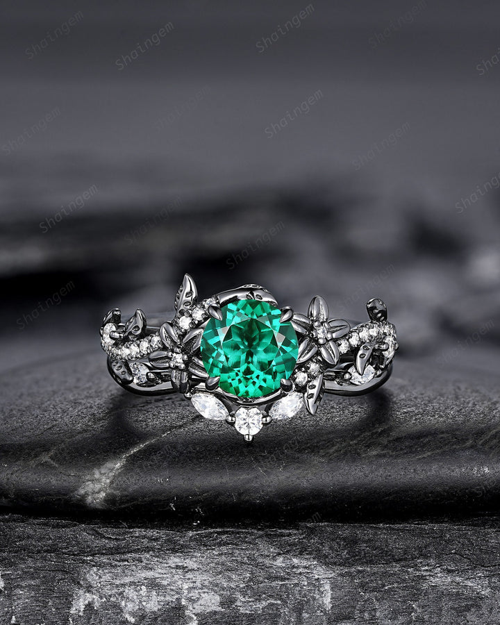 Nature Inspired Black Gold Round Shape Emerald Leaf Engagement Ring, Black Rhodium Emerald Vine Wedding Set Witchy Twig Branch Promise Ring - ShainJewelry