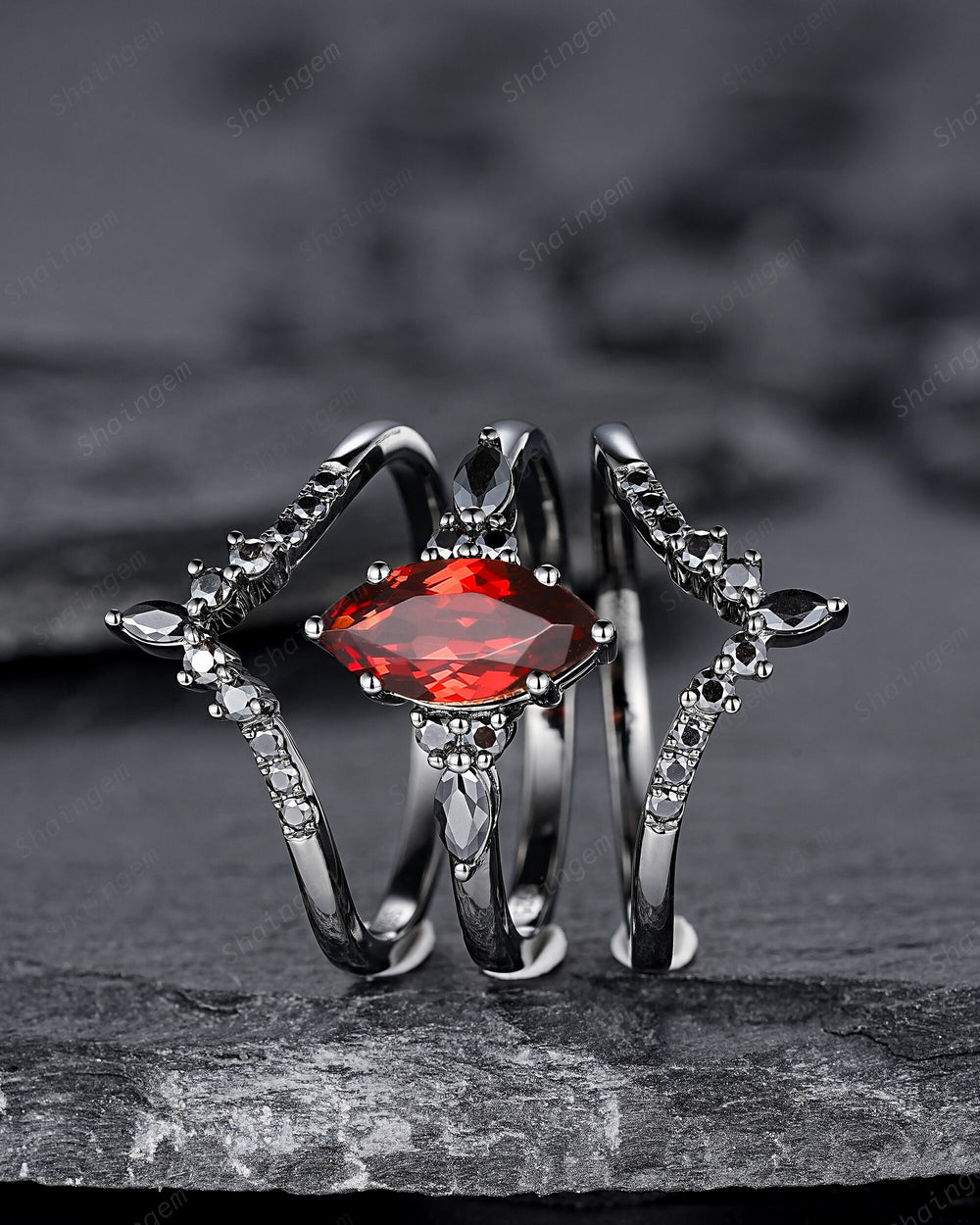 Vintage 3PCS Marquise Natural Garnet Black Engagement Ring Set, Gothic Black Bridal Set, Black Rhodium Wedding Set, Black Promise Ring Gift - ShainJewelry