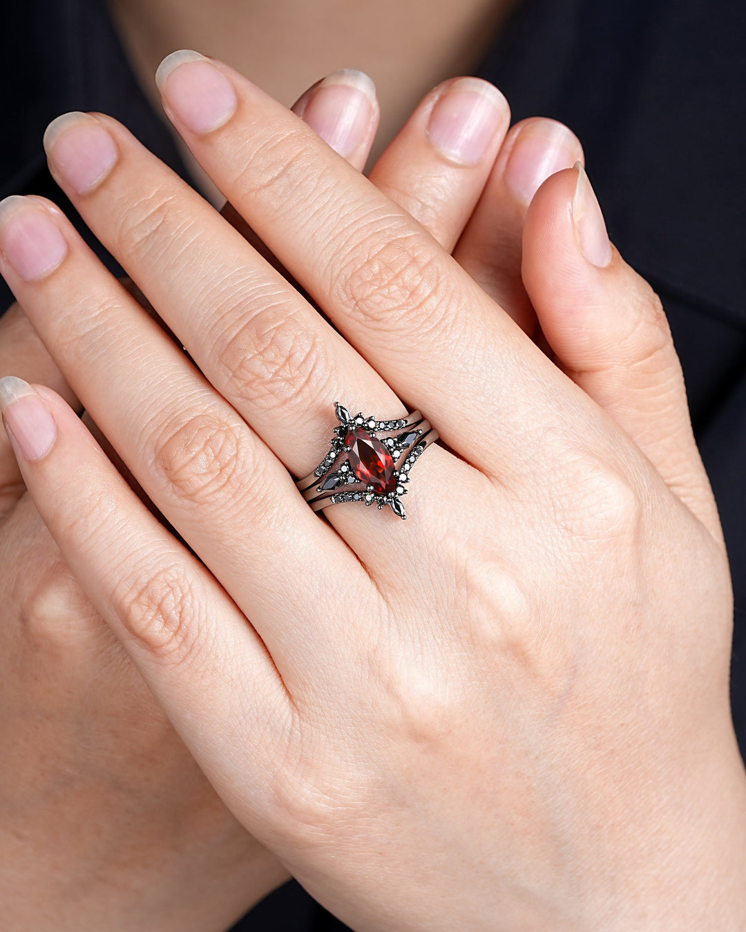 Vintage 3PCS Marquise Natural Garnet Black Engagement Ring Set, Gothic Black Bridal Set, Black Rhodium Wedding Set, Black Promise Ring Gift - ShainJewelry