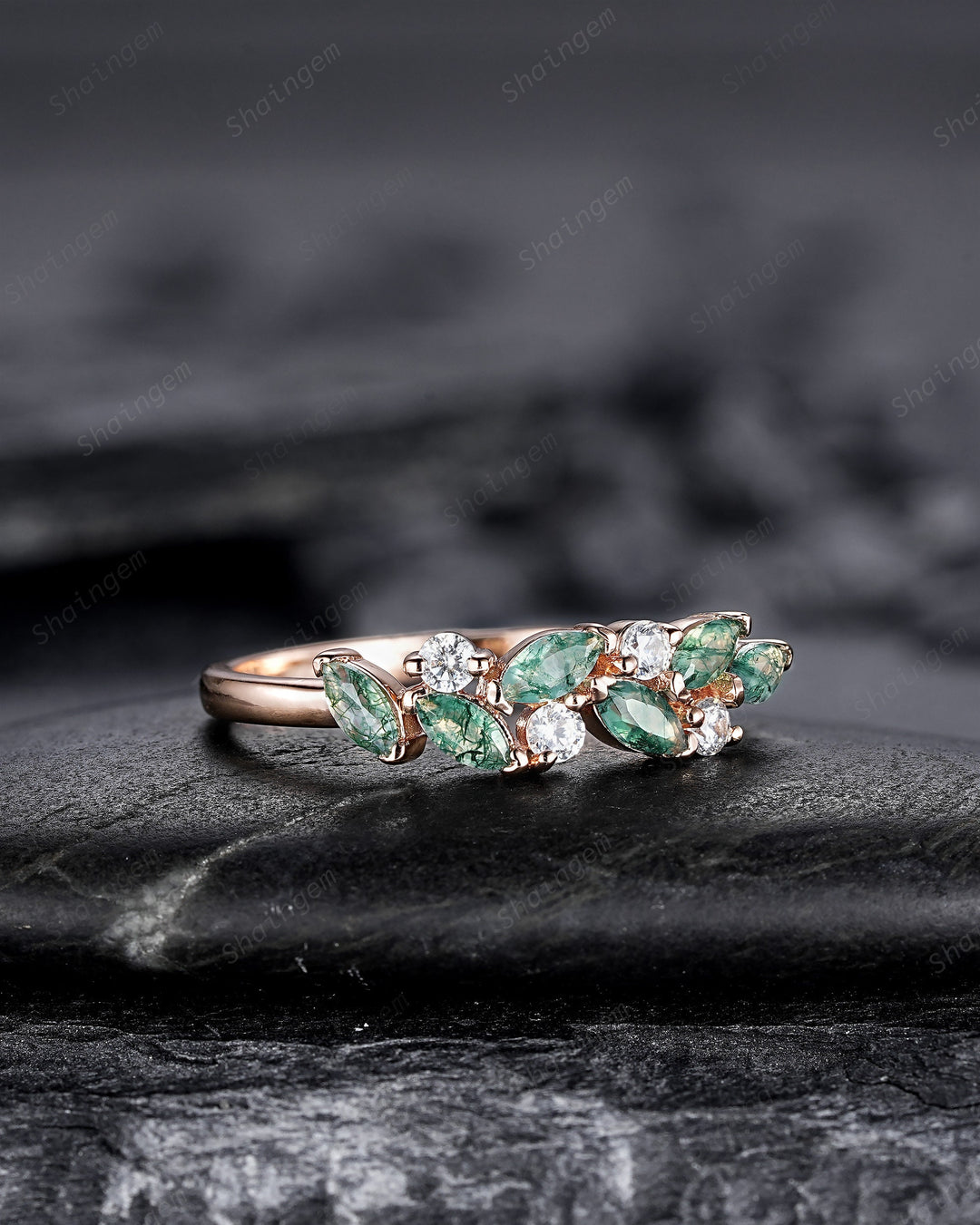 Nature Inspired Marquise Moss Agate Engagement Ring, Rose gold Matching Band, Half Eternity Wedding Band, Promise Ring Enhancer for Women - ShainJewelry